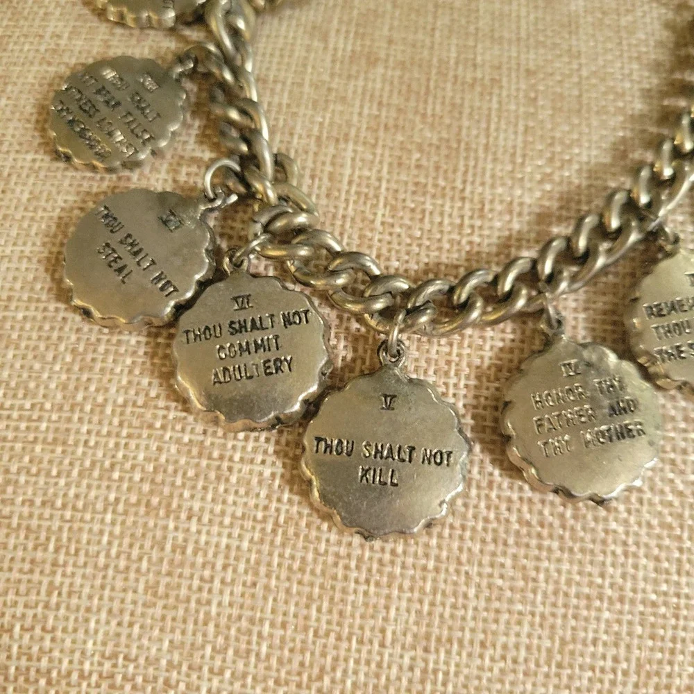 Vintage Ten Commandments Religious Charm Bracelet Silver Tone 7 Inch Cottagecore